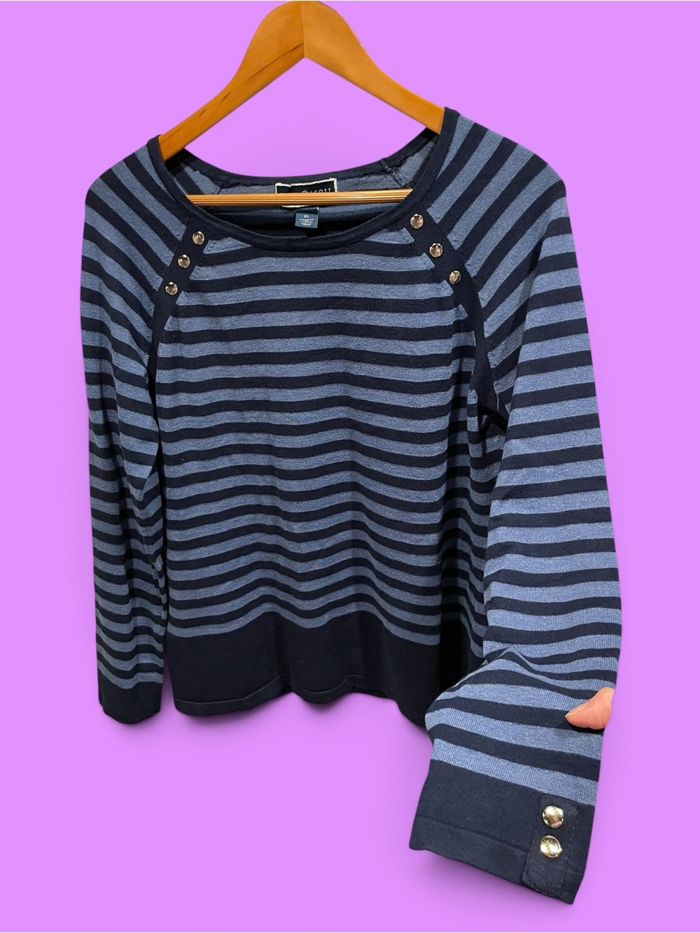 Cute classic varsity blues striped silver rivet scoop neck sweater academia - Picture 1 of 6